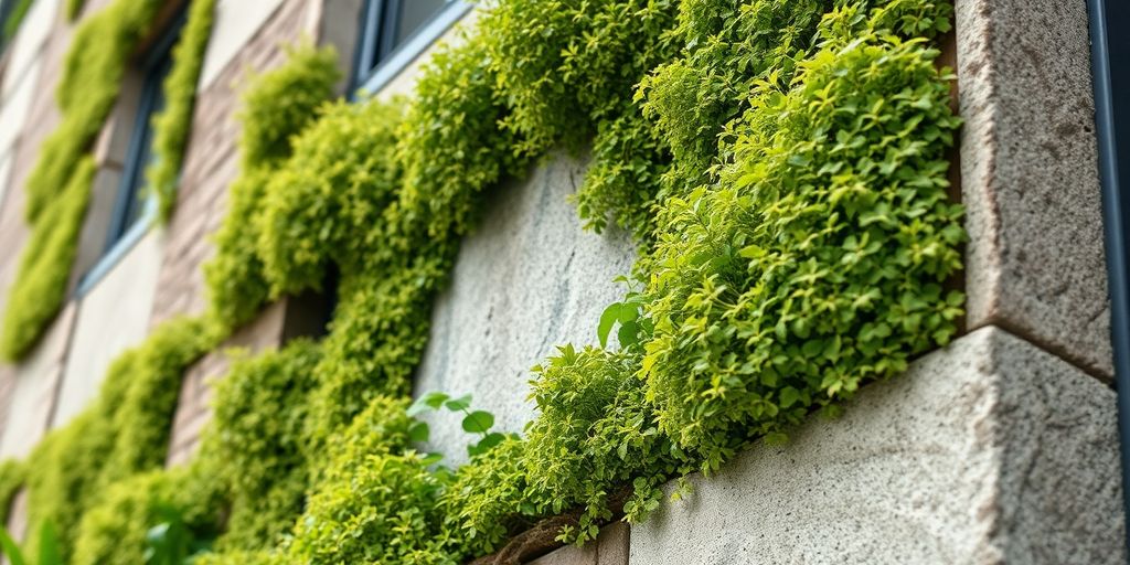 Duurzame gevelbehandeling met natuurlijke materialen en groen.